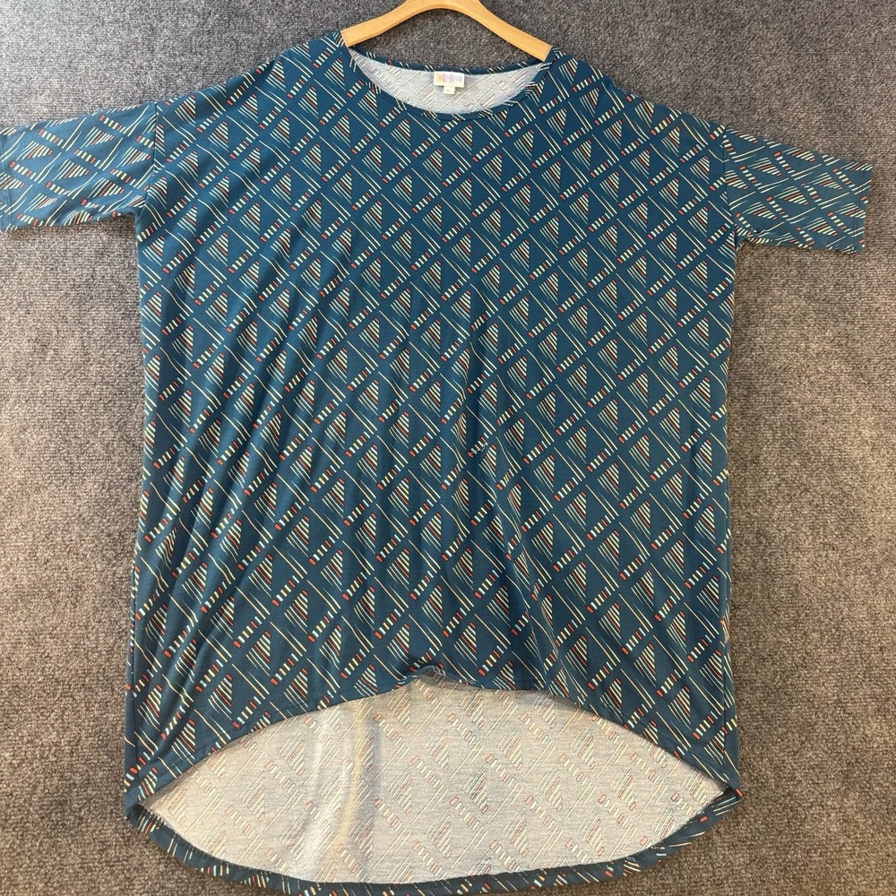 LuLaRoe Irma Top Womens Large Teal Geometric High Low Tunic‎ USA Stretch